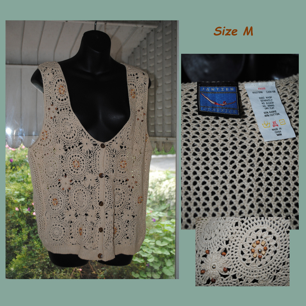 Vntg JANTZEN CLASSICS Crochet Vest Wood Beads Sz M